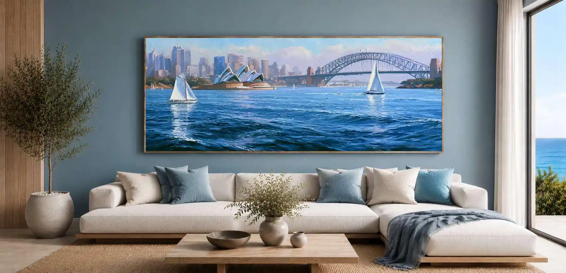 Sydney Harbour sailboat canvas art for modern coastal living room decor.