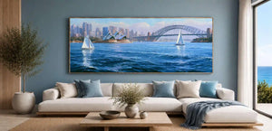 Sydney Harbour sailboat canvas art for modern coastal living room decor.