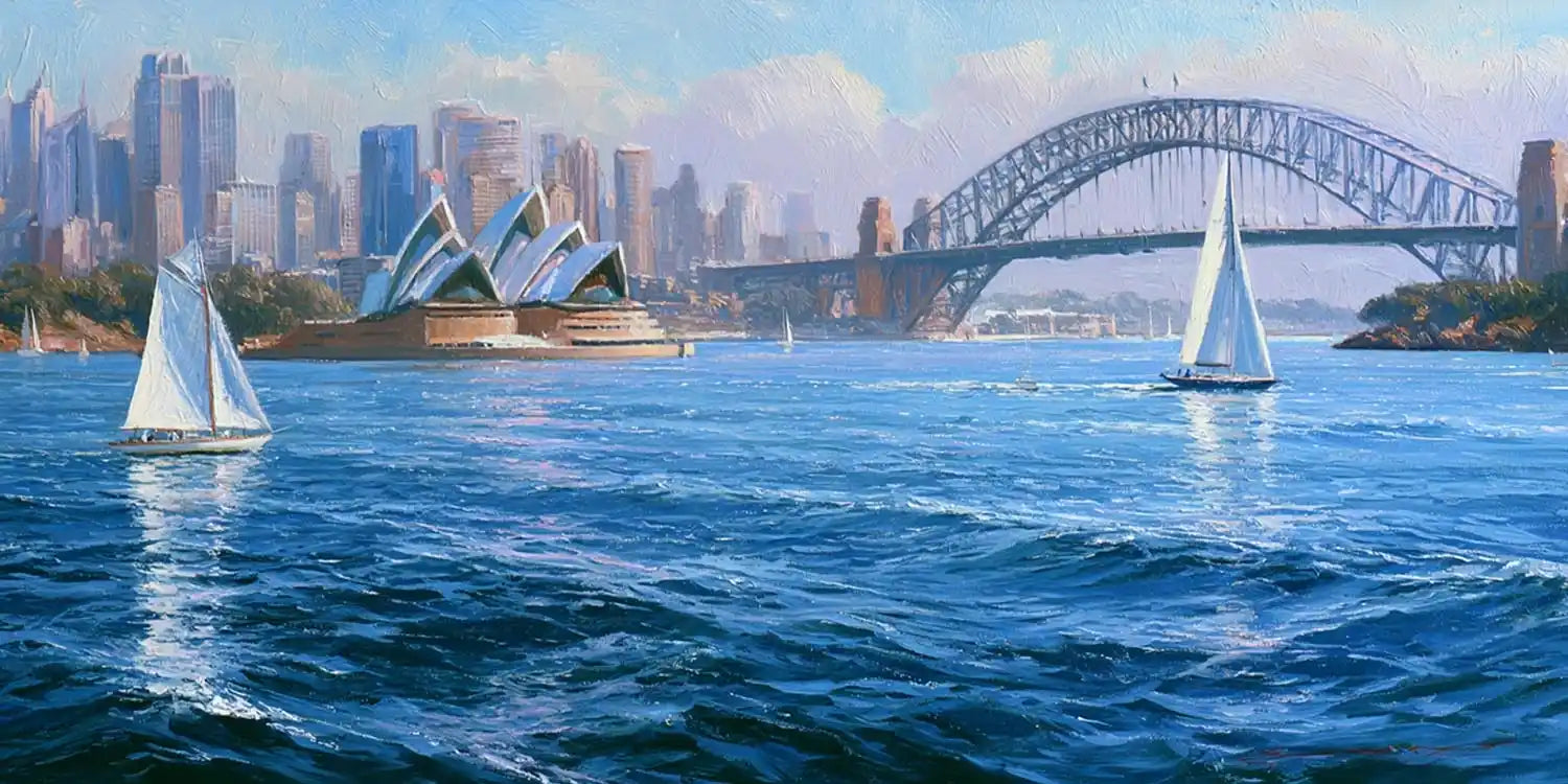 Sydney Harbour sailboat canvas art for modern coastal living room decor.