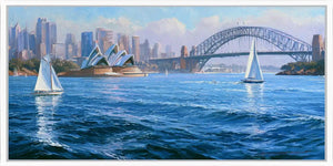 Sydney Harbour sailboat canvas art for modern coastal living room decor.