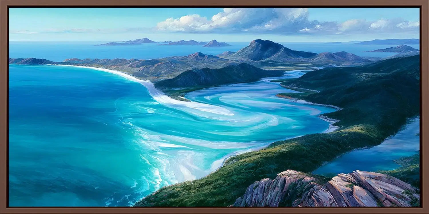 Turquoise bay landscape canvas art for serene coastal bedroom decor.