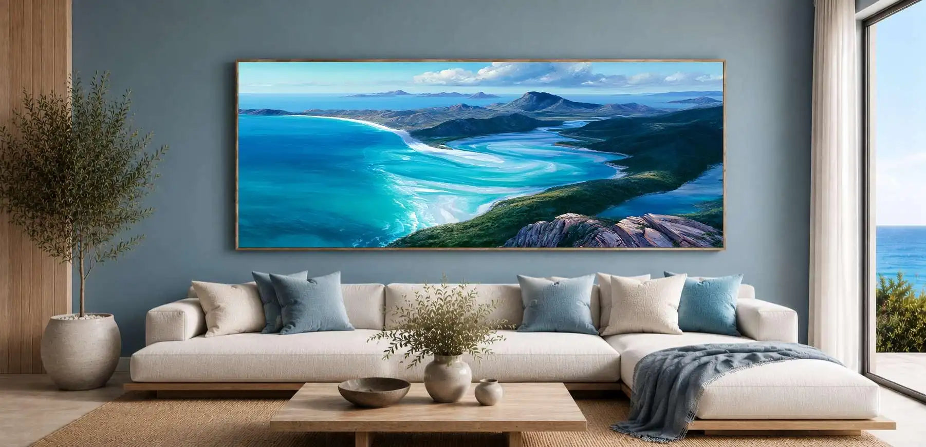 Turquoise bay landscape canvas art for serene coastal bedroom decor.