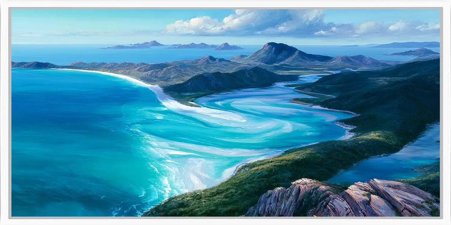 Turquoise bay landscape canvas art for serene coastal bedroom decor.