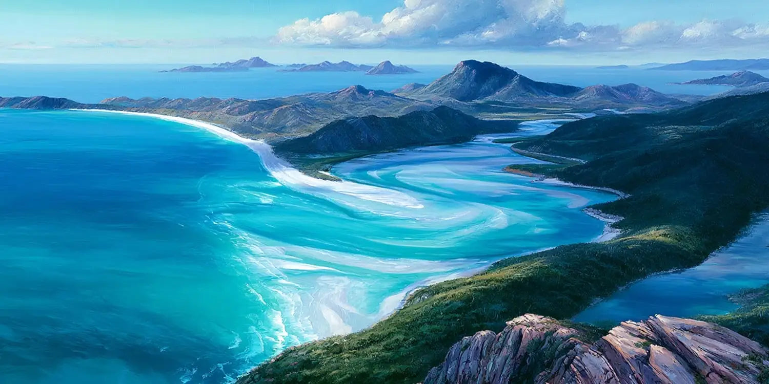 Turquoise bay landscape canvas art for serene coastal bedroom decor.