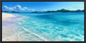 Clear turquoise shoreline canvas art for calm coastal bedroom decor.