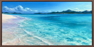 Clear turquoise shoreline canvas art for calm coastal bedroom decor.