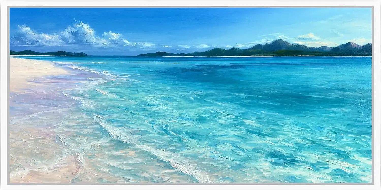 Clear turquoise shoreline canvas art for calm coastal bedroom decor.