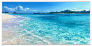 Clear turquoise shoreline canvas art for calm coastal bedroom decor.