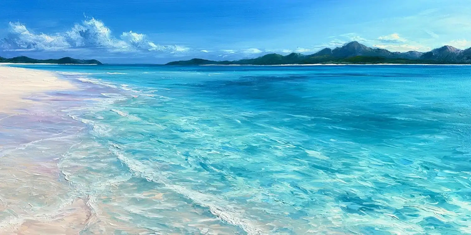 Clear turquoise shoreline canvas art for calm coastal bedroom decor.