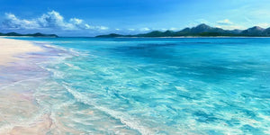 Clear turquoise shoreline canvas art for calm coastal bedroom decor.