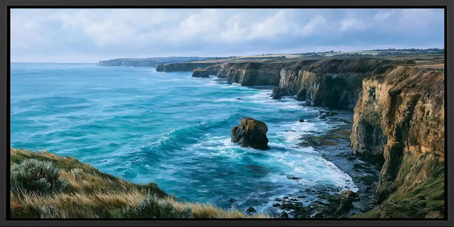 Rugged coastal cliff canvas art for refined modern living room decor.