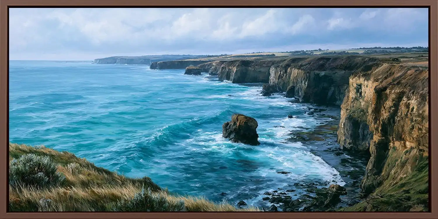 Rugged coastal cliff canvas art for refined modern living room decor.