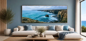 Rugged coastal cliff canvas art for refined modern living room decor.