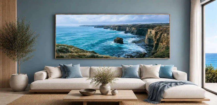 Rugged coastal cliff canvas art for refined modern living room decor.