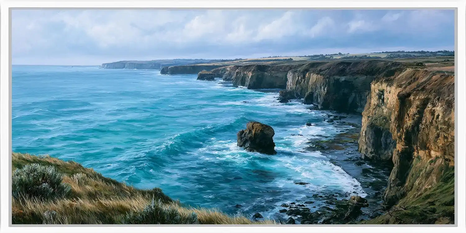 Rugged coastal cliff canvas art for refined modern living room decor.