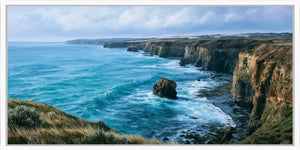 Rugged coastal cliff canvas art for refined modern living room decor.