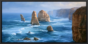 Dramatic sea stack coastal canvas art for luxury living room decor.