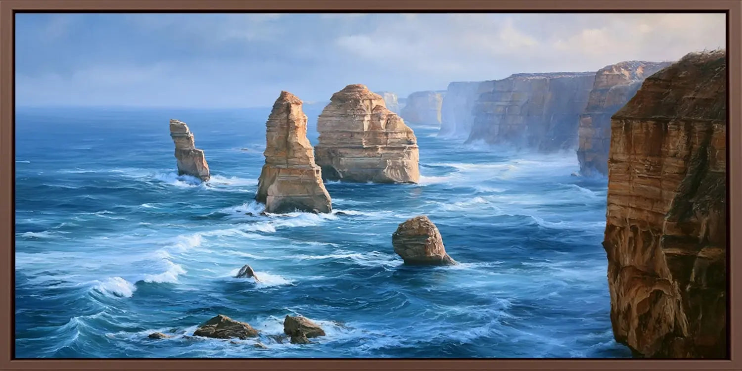 Dramatic sea stack coastal canvas art for luxury living room decor.