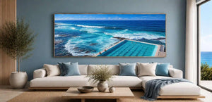 Coastal ocean pool canvas art with blue waves for modern beach house decor.
