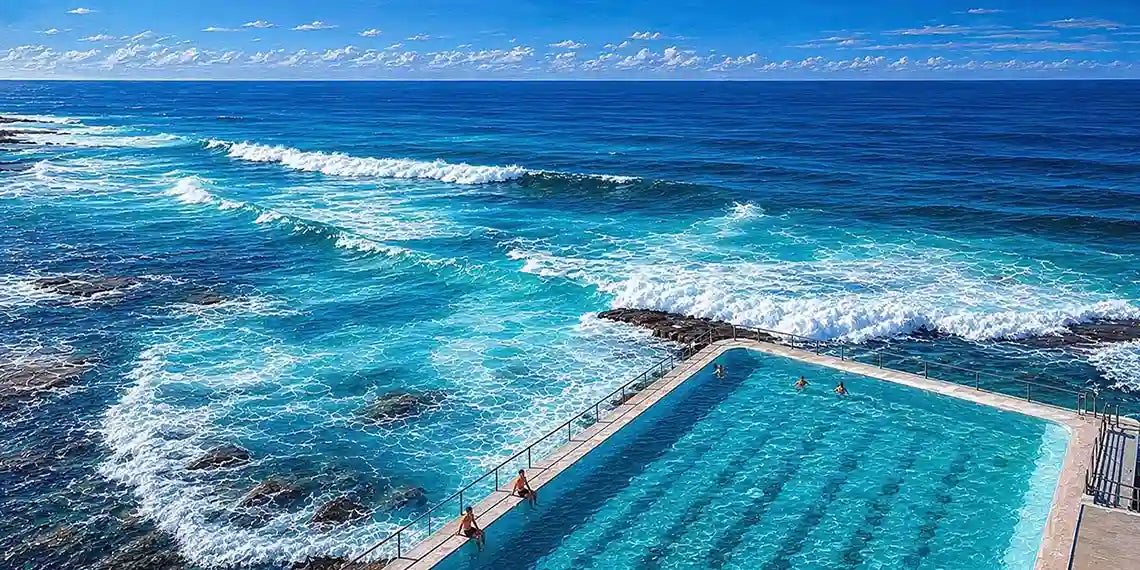 Coastal ocean pool canvas art with blue waves for modern beach house decor.