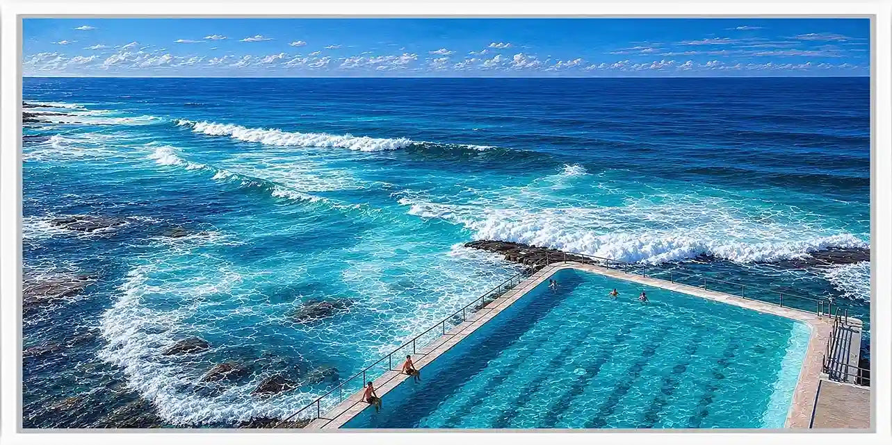 Coastal ocean pool canvas art with blue waves for modern beach house decor.