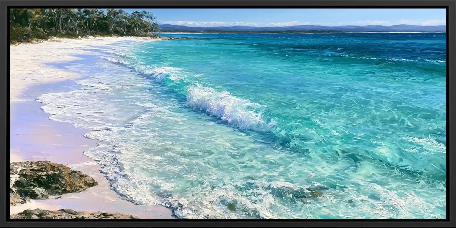 White sand beach canvas art with turquoise water for coastal bedroom decor.