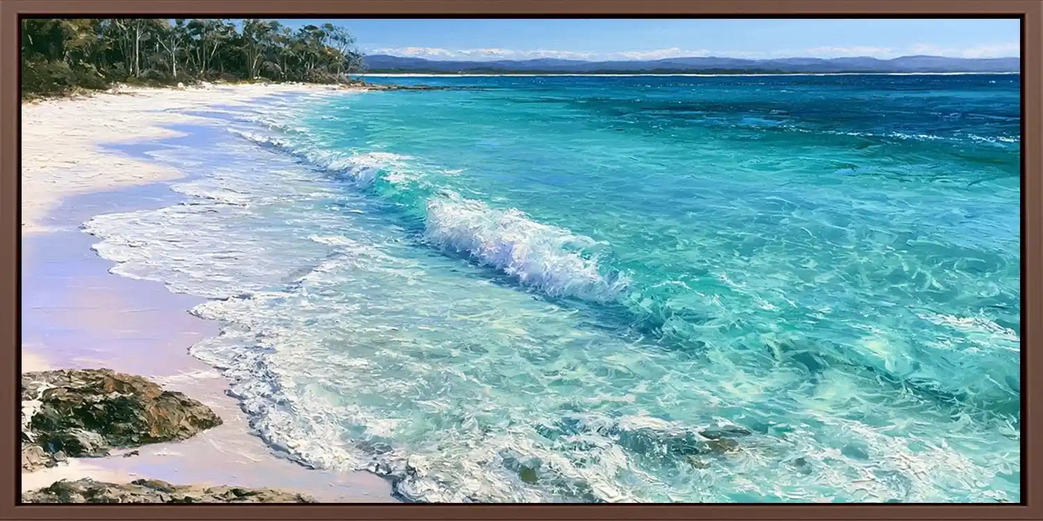 White sand beach canvas art with turquoise water for coastal bedroom decor.