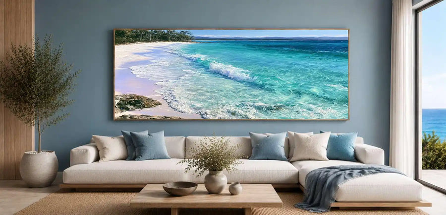 White sand beach canvas art with turquoise water for coastal bedroom decor.