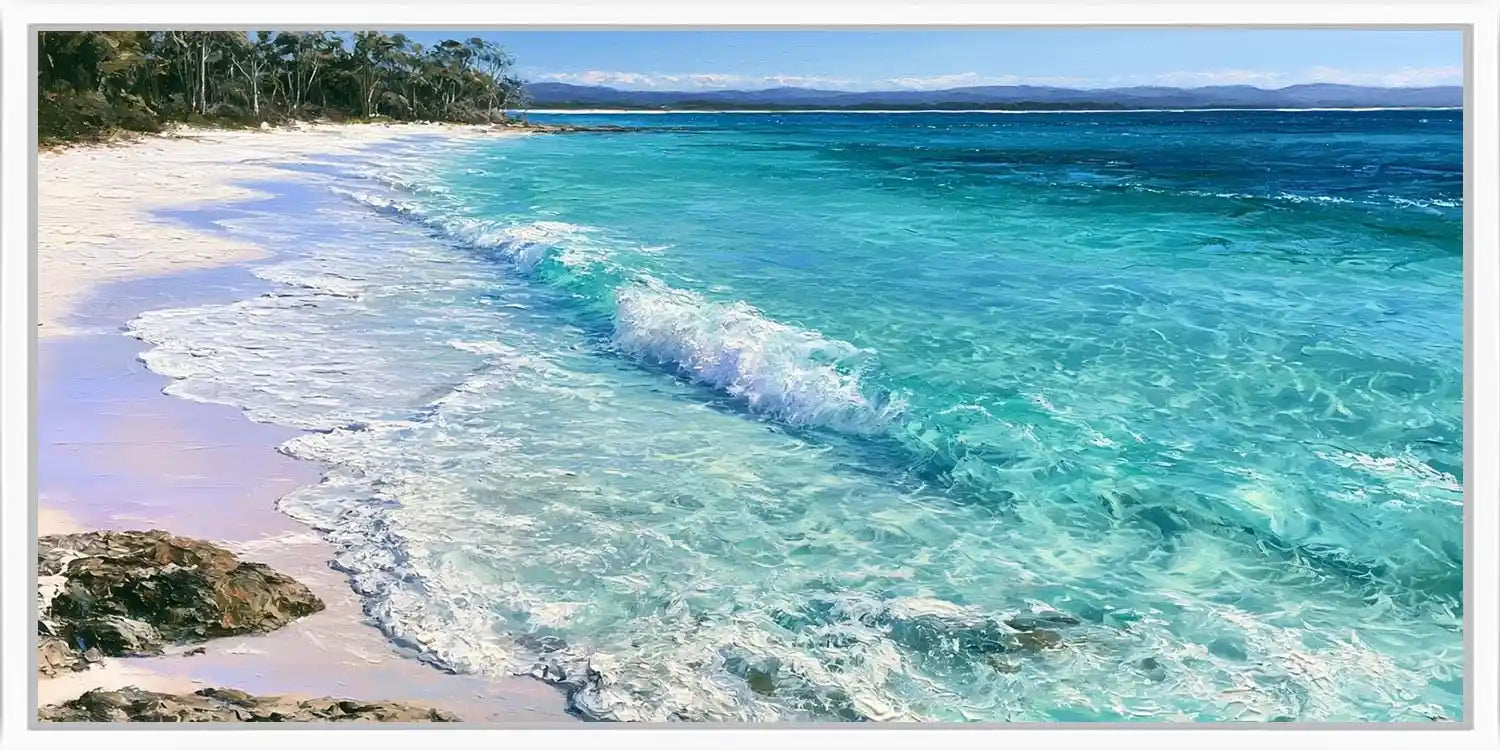 White sand beach canvas art with turquoise water for coastal bedroom decor.