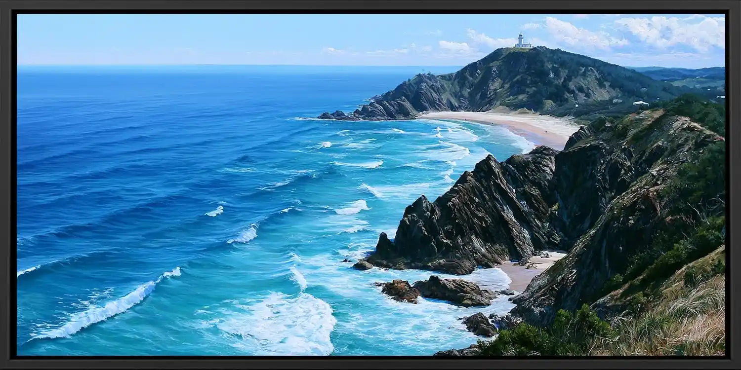 Byron Bay headland canvas art for modern coastal living room decor.