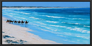 Camel caravan beach canvas art for coastal modern living room decor.