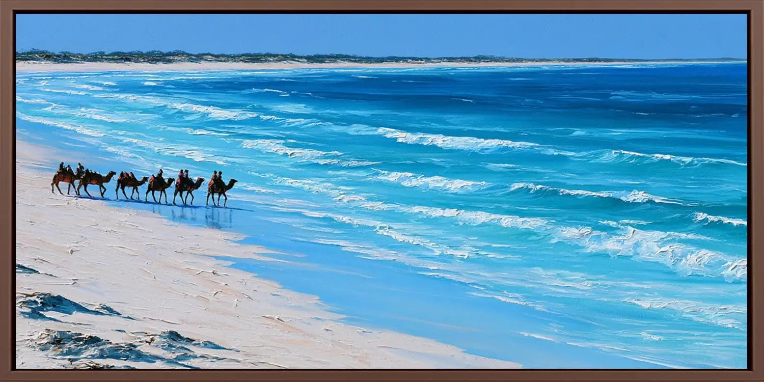 Camel caravan beach canvas art for coastal modern living room decor.