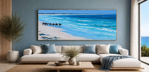 Camel caravan beach canvas art for coastal modern living room decor.