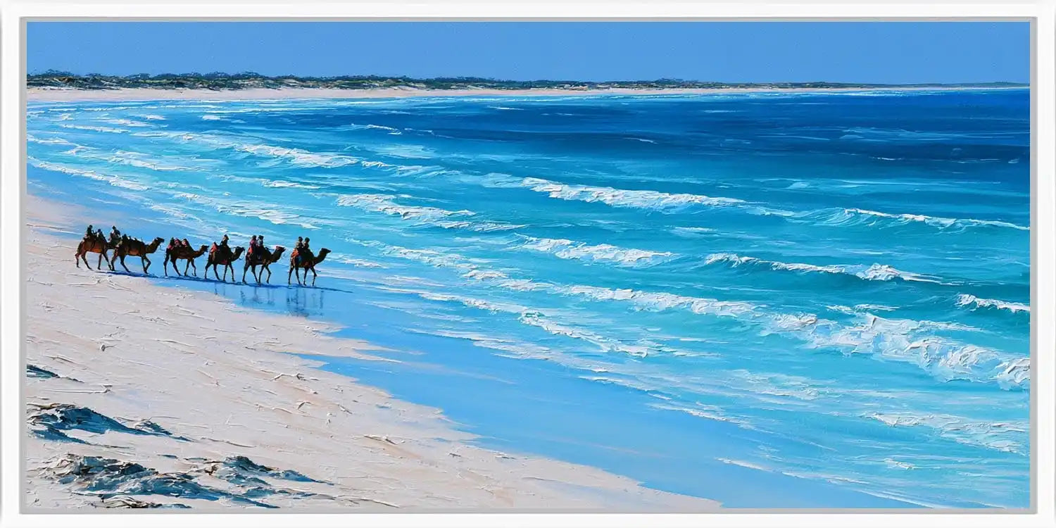 Camel caravan beach canvas art for coastal modern living room decor.