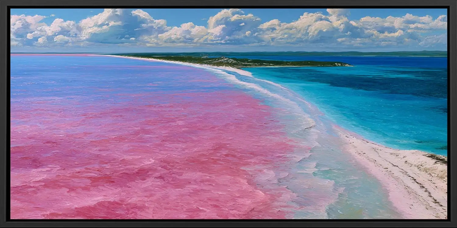 Pink lake and turquoise ocean canvas art for colorful modern home decor.