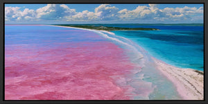 Pink lake and turquoise ocean canvas art for colorful modern home decor.