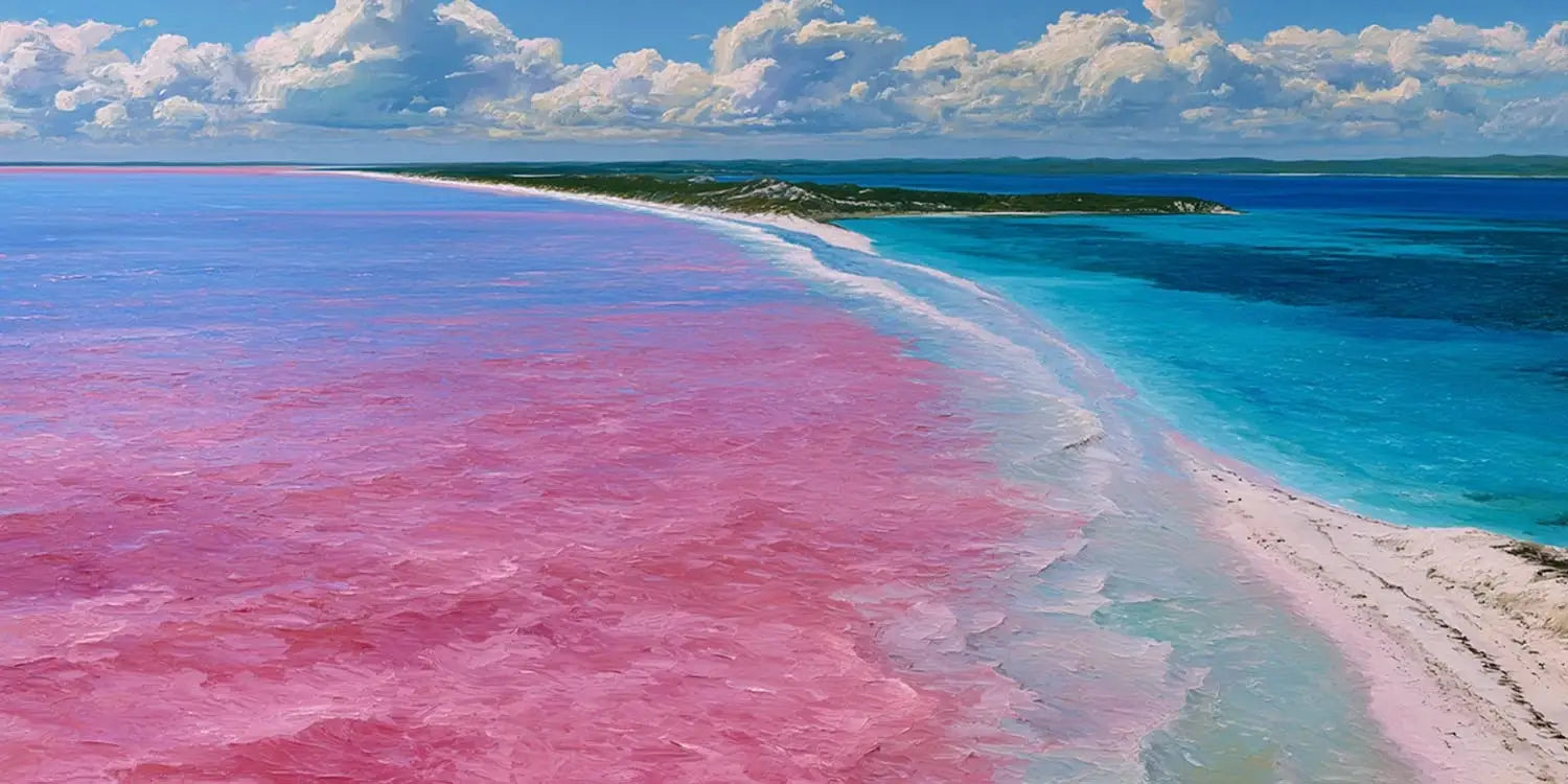 Pink lake and turquoise ocean canvas art for colorful modern home decor.