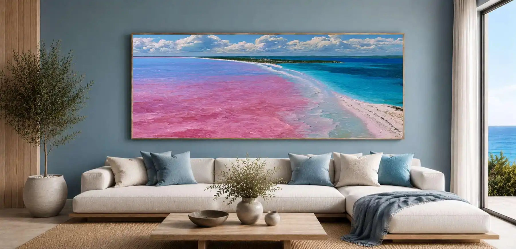 Pink lake and turquoise ocean canvas art for colorful modern home decor.