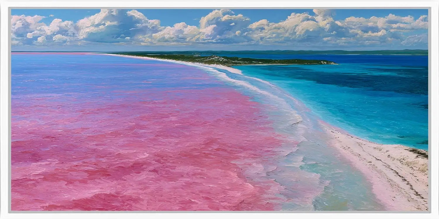Pink lake and turquoise ocean canvas art for colorful modern home decor.