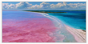 Pink lake and turquoise ocean canvas art for colorful modern home decor.