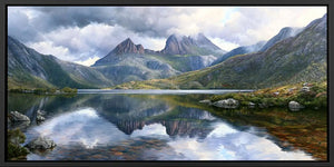 Mountain lake reflection canvas art for serene modern bedroom decor.