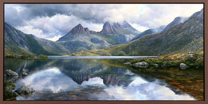 Mountain lake reflection canvas art for serene modern bedroom decor.