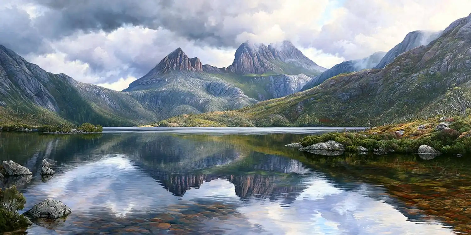 Mountain lake reflection canvas art for serene modern bedroom decor.