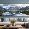 Mountain lake reflection canvas art for serene modern bedroom decor.