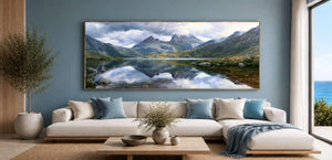 Mountain lake reflection canvas art for serene modern bedroom decor.