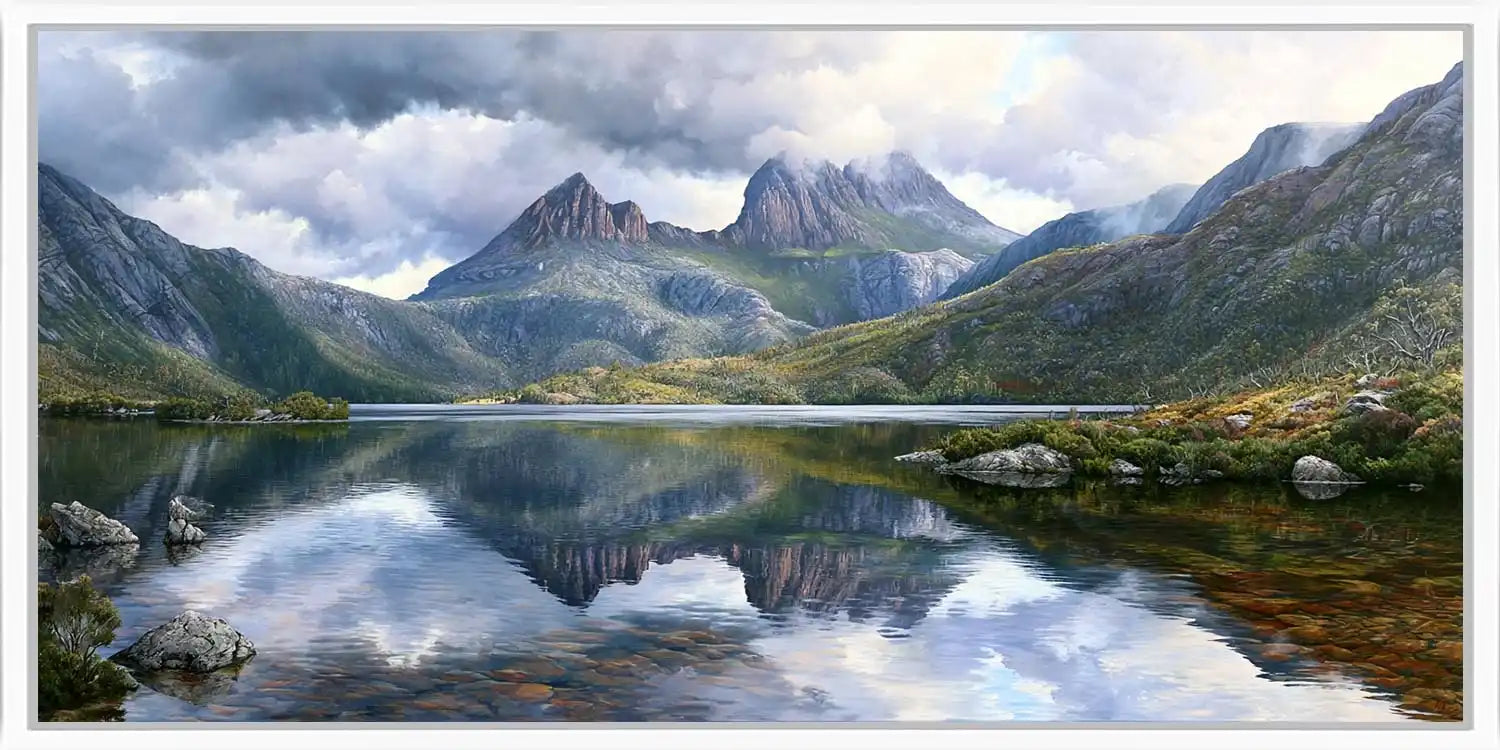 Mountain lake reflection canvas art for serene modern bedroom decor.