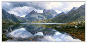 Mountain lake reflection canvas art for serene modern bedroom decor.
