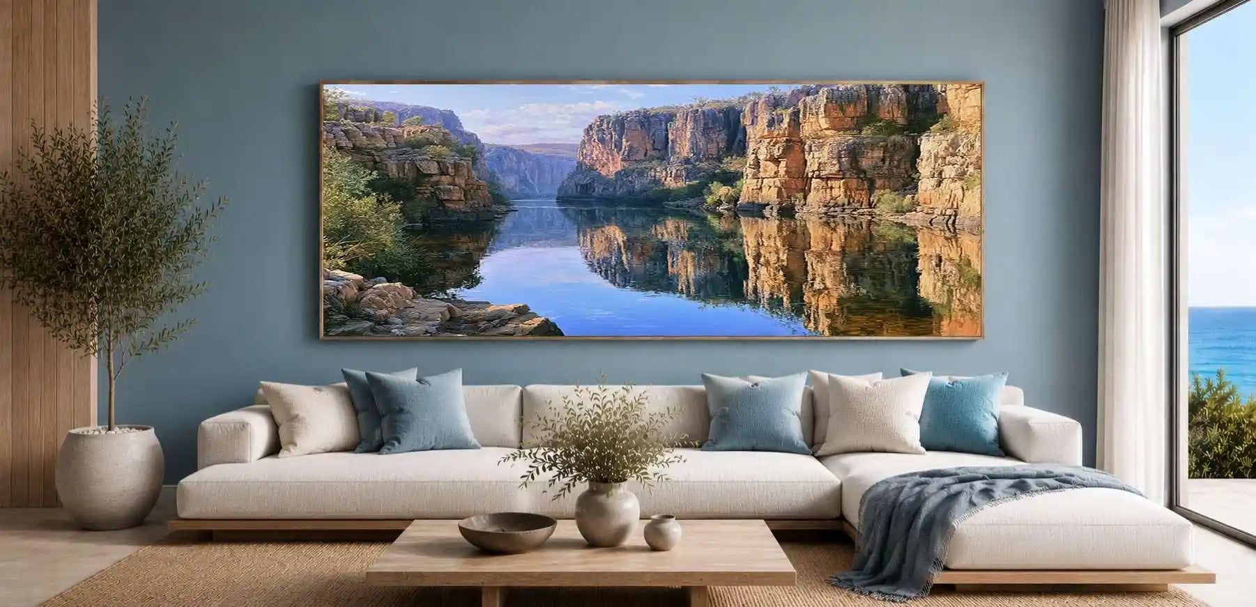 Australian gorge river canvas art for earthy modern living room decor.