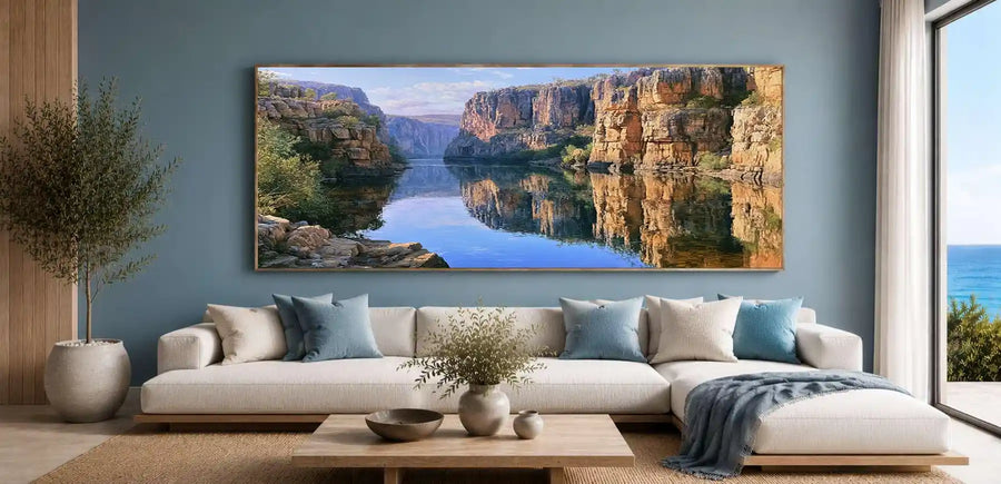 Australian gorge river canvas art for earthy modern living room decor.