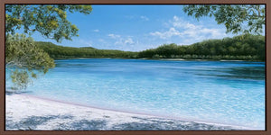 Clear blue river canvas art for calm coastal bedroom and bathroom decor.